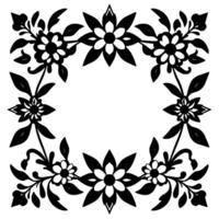 symmetrical black and white floral frame pattern, with stylized flowers and leaves, on a white background, perfect for elements. vector