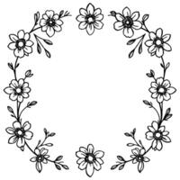 handdrawn black and white floral wreath, featuring daisylike flowers, leaves, and vines arranged in a circular frame, isolated on a white background. vector