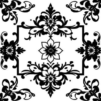 elegant symmetrical black floral pattern with delicate scrolls and a central flower, creating a decorative tile .