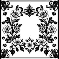 symmetrical black and white floral frame with roses, decorative elements, and a square border. vector