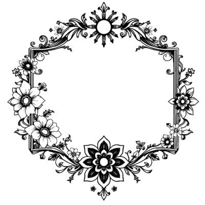 ornate black and white floral border , with flowers, sunburst, and frame elements, intricate, elegant, and decorative.