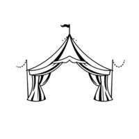 monochrome, line art illustration of a circus entrance with a flag, curtains, and detailed canopy on white background. vector