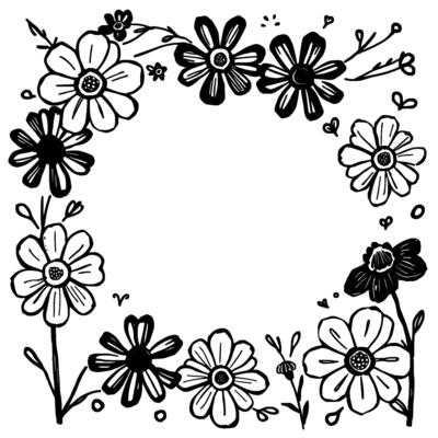 a floral ink drawing of a circular frame, alternating black and white daisylike blossoms, with leaves hearts.