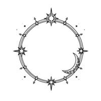 intricate celestial ring with crescent moon and starbursts in black and white, emphasizing mystical and ornamental vector