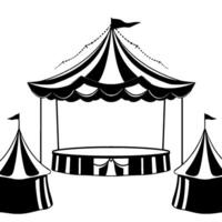 black and white minimalist illustration of a classic circus setup with a main big top and smaller side tents, featuring a stage. vector