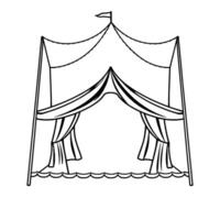line art depiction of a classic circus tent, featuring draped fabric curtains, a small flag, and a scalloped base, all in black and white, evoking nostalgia. vector