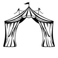 a bold monochrome illustration of a classic striped circus tent entrance with pennants and flags, inviting and festive against a white background. vector