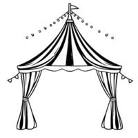 black and white line art illustration of a vintage circus tent entrance, adorned with string lights and pennant flags, evoking a playful and nostalgic aesthetic. vector