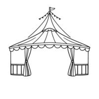 a black and white line art illustration of a circus tent with string lights, a small flag, and draped curtains, perfect for coloring or . vector