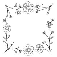 delicate handdrawn floral frame a simple, elegant border featuring daisies, buds, and foliage, outlined in black ink on a white background. vector