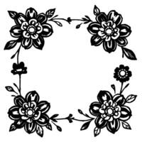 black and white floral frame with detailed handdrawn flowers, leaves, and branches, creating an elegant botanical border on a white background. vector