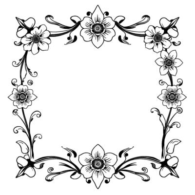 intricate black and white floral frame with detailed blossoming flowers and elegant scrolling vines forming a decorative border.