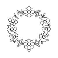 elegant black and white floral wreath illustration featuring stylized daisies and foliage arranged in a circular pattern, creating a delicate frame. vector