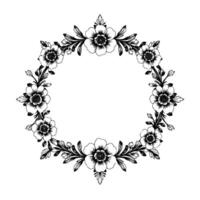 intricate black and white floral wreath illustration a circular of stylized flowers and leaves, creating an elegant and symmetrical botanical frame. vector