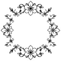circular botanical frame detailed line art depicting an elegant floral with large and small blooms and foliage elements, offering a clean aesthetic. vector