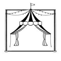 monochrome circus tent illustration striped canopy, curtains, string lights, and flag within a square frame, black and white . vector