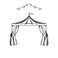 vintagestyle black and white illustration of a circus tent with curtains, flag, and decorative pennant banner, isolated on white. vector