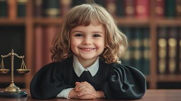 A young child dressed in a judge's robe smiles sweetly next to a golden scale symbolizing future aspirations in law and justice photo