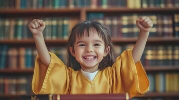 Triumphant little girl celebrates her academic achievement radiating pure joy and accomplishment in front of a bookshelf photo