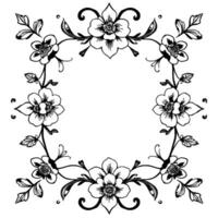 intricate floral frame black white line art with flowers, leaves, and ornamental swirls in a symmetrical composition, on white background. vector
