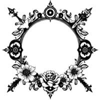 black and white floral frame with gothic elements, skull rose, sword accents, a dove, and open center, ornate . vector