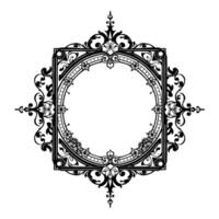 ornate black and white decorative frame, square with circular interior, floral and scroll detailing, symmetrical for elegant invitations or artistic projects. vector