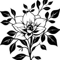 bold black and white floral detailed botanical illustration of a centered flower surrounded by foliage on a white backdrop, with lines. vector