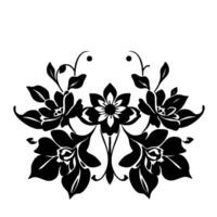 symmetrical floral in bold black and white, featuring stylized blooms and elegant leaf patterns, creating a balanced ornamental composition. vector