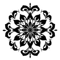 symmetrical black and white floral mandala with ornamental leaf and curl motifs, centered on white background. vector