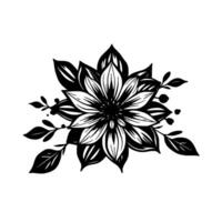 intricate black white floral illustration a symmetric bloom with detailed petals, surrounded by stylized leaves and buds, creating a balanced, artistic composition. vector