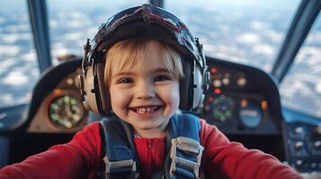 A young cheerful boy is dressed up as a pilot smiling and enjoying the view from inside an aircraft cockpit during a flight photo