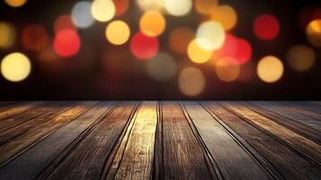 Warm wooden surface with blurred lights for showcasing products graphics or adding festive elements to presentations or websites photo