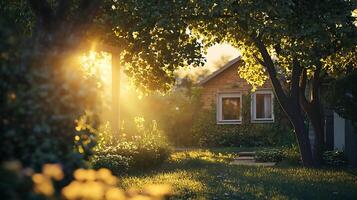 Sun-drenched scene of a house in a garden setting with the warmth of the sun filtering through the leaves on trees and bushes photo