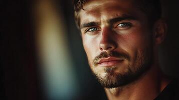 A striking portrait captures the essence of a handsome man highlighting his intense gaze chiseled features and captivating presence photo