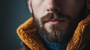 Close-up of a bearded man with a warm textured jacket Focus on facial hair and soft lighting creating a cozy intimate feel photo