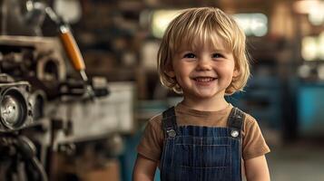 A cheerful toddler in overalls smiles in a workshop showcasing youthful curiosity in an industrial setting looking ahead with hope photo