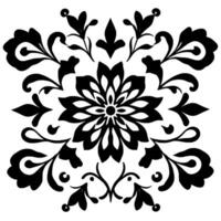 symmetrical black and white floral pattern with detailed petals, leaves, and swirls on a square background. vector