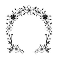 elegant black and white floral wreath minimalist botanical with delicate flowers, leaves, and branches, creating a symmetrical frame. vector
