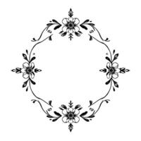 an elegant black ink floral frame, symmetrically designed with stylized flowers, leaves and delicate curves, creating a decorative border. vector