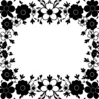 elegant floral frame with stylized black and white flowers, leaves, and a clean, empty central space for text or elements. vector