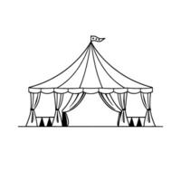 handdrawn circus tent illustration with elegant white canvas, black outline, flag, curtains, and minimalist triangular decoration on the bottom. vector