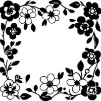 elegant black and white floral frame botanical border with blossoms, leaves, and branches, creating a decorative edge. vector
