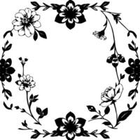 elegant black and white floral wreath with varied bloom types and detailed leafy vines, creating a delicate and artistic border. vector