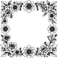 intricate floral border in black and white handdrawn with detailed petals and leaves framing an empty center. vector