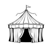 a black and white illustration of a classic circus tent, complete with a pointed roof, open entryway, decorative bunting, and a small flag at the apex. vector