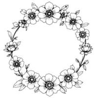 intricate floral wreath illustration handdrawn outline art of diverse flowers and leaves arranged in a symmetrical circular composition, ideal for coloring or . vector