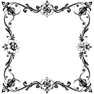 elegant black and white floral ornate frame, featuring detailed handdrawn flowers and swirling vines, perfect for invitations or borders.