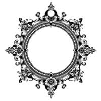 intricate black and white circular frame with floral embellishments and ornate details on a plain white background. vector