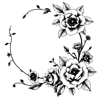 elegant black and white floral frame , featuring roses, detailed leaves, and artistic vine elements on white background.