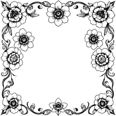 intricate black and white floral border featuring blooming flowers and swirling vines, perfect for framing text or other images.
